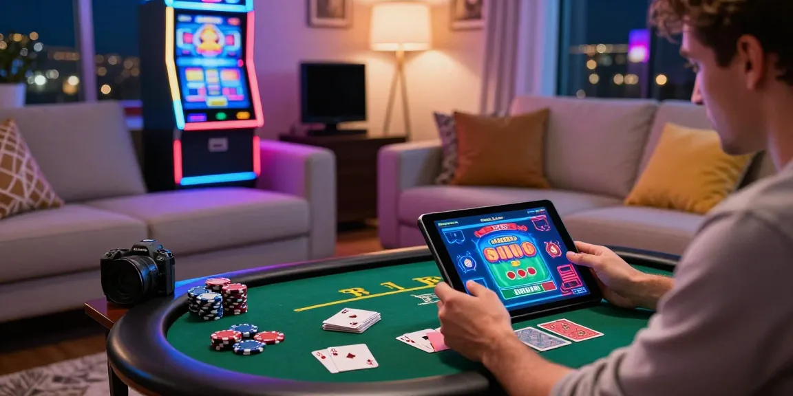 Player engaging with an online casino not on gamstop on a tablet in a cozy home setting.