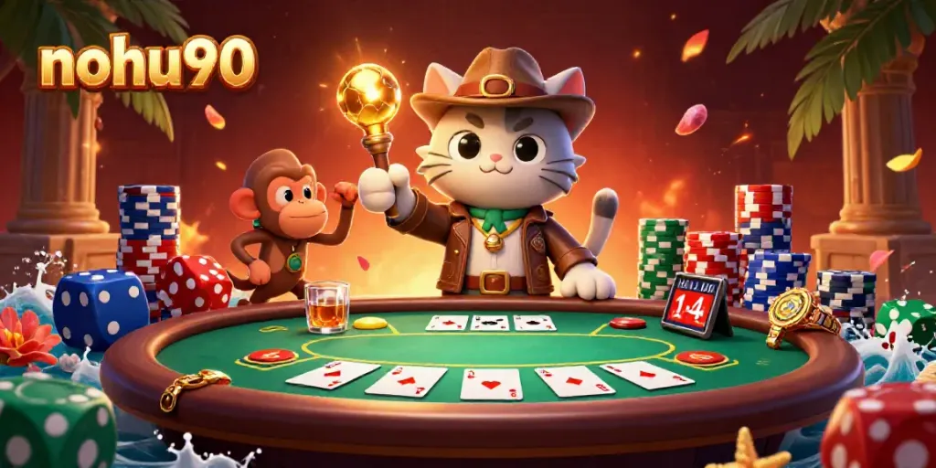 Nohu90 cat explorer reveals a golden casino artifact surrounded by poker elements.