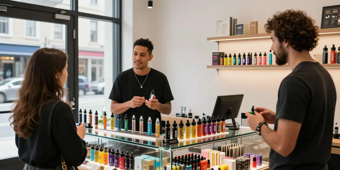Engaging scene of a THC vape shop, showcasing diverse products and customer interaction.