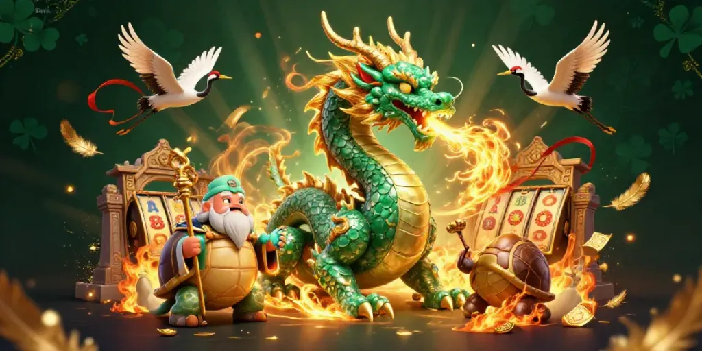 Experience the thrilling adventures of 33win with a majestic jade dragon and a wise turtle sage in this vibrant casino scene.