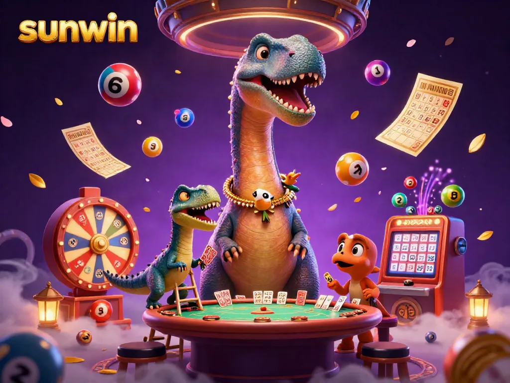 Experience exciting gameplay at Sunwin with a vibrant casino scene featuring animated characters and dynamic game elements.