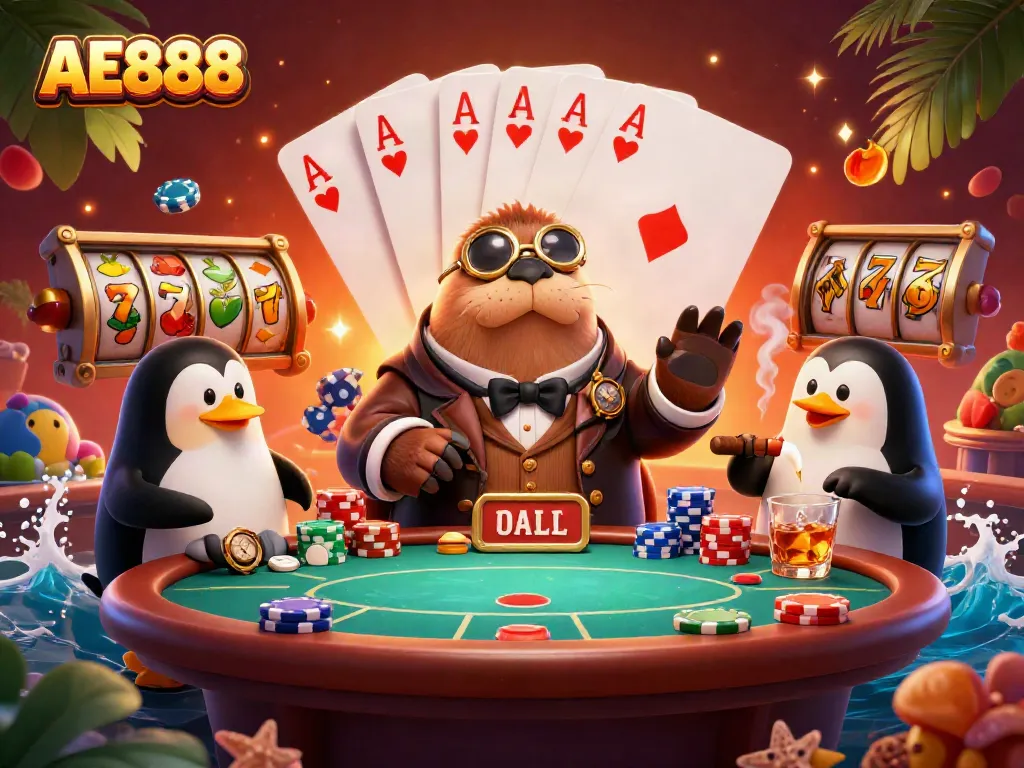 Experience AE888's thrilling underwater poker scene with vibrant characters and dynamic gaming elements.