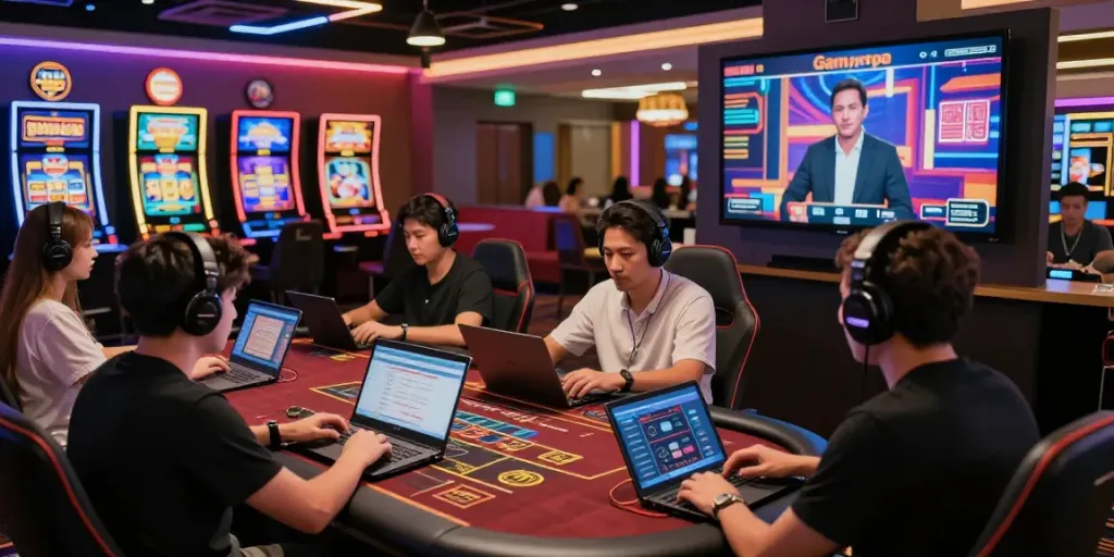 Players enjoying games at an online casino not on Gamstop in a vibrant digital setting.