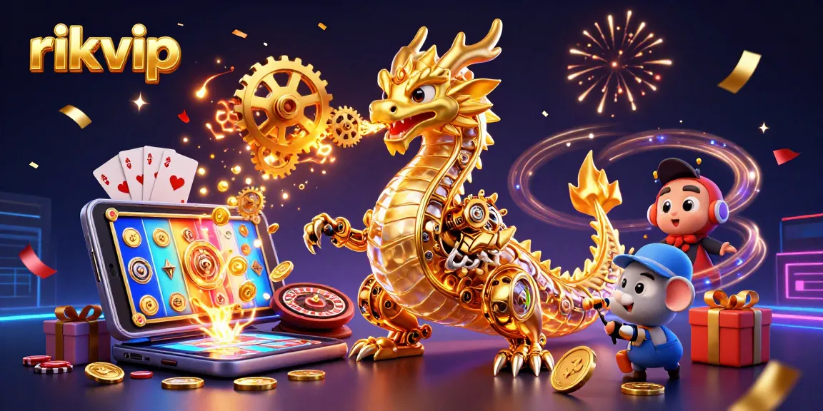 Play exciting games at rikvip, featuring a golden dragon and thrilling slot action.
