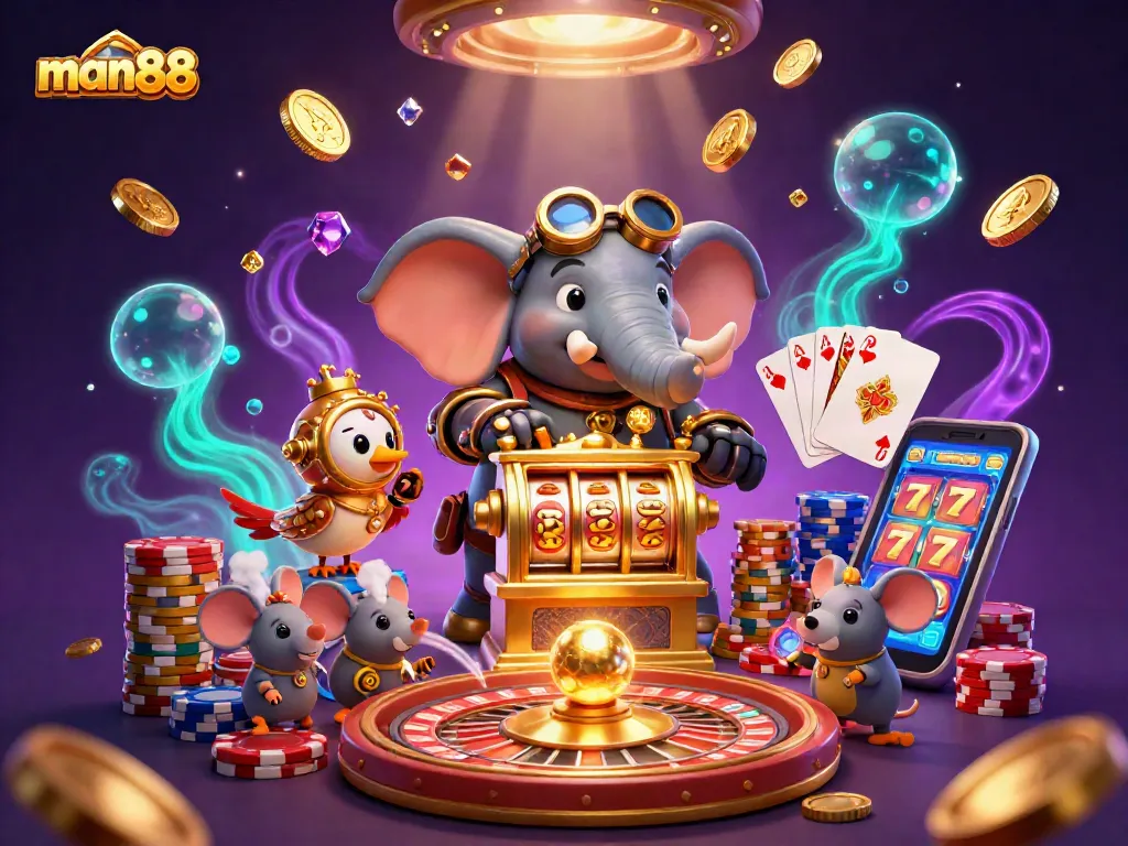 Spin the golden slot machine at man88 with the 3D steampunk elephant engineer and vibrant casino elements.