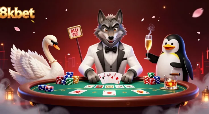 Experience the excitement of 8xbet with a 3D illustration showcasing a debonair wolf and friends at the baccarat table.