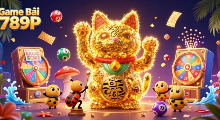 Play exciting Game Bài 789P with vibrant lottery elements and a lucky cat in action.