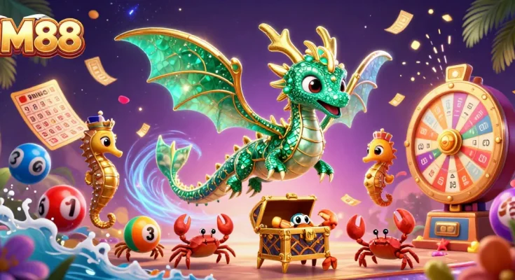 Experience the enchanting world of M88 with vibrant casino elements coming to life in this lively illustration.