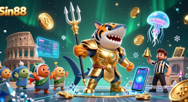Experience Sin88's unique casino ambiance with a vibrant underwater gladiatorial scene.