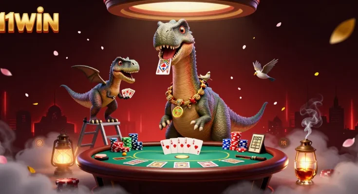 Experience thrilling poker action at 11WIN with a towering brontosaurus dealer interacting in a vibrant casino.