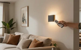 Aplice LED moderne care luminează un living elegant și confortabil.
