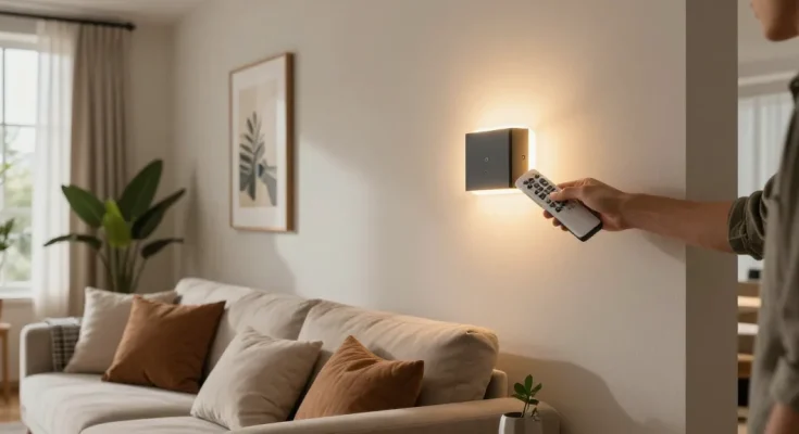 Aplice LED moderne care luminează un living elegant și confortabil.