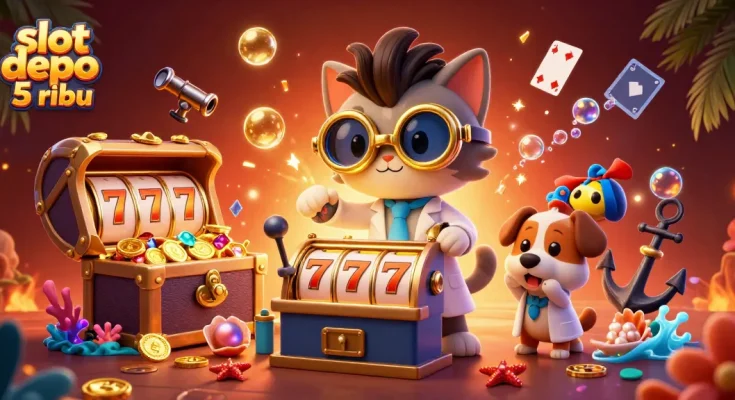 Experience thrilling gameplay with slot depo 5 ribu, showcasing a 3D cartoon mad scientist cat and magical slot machine.