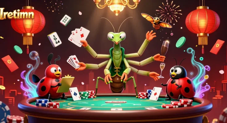 Iretimn showcases energetic characters in a vibrant casino scene, featuring poker elements and dynamic gambling activities.