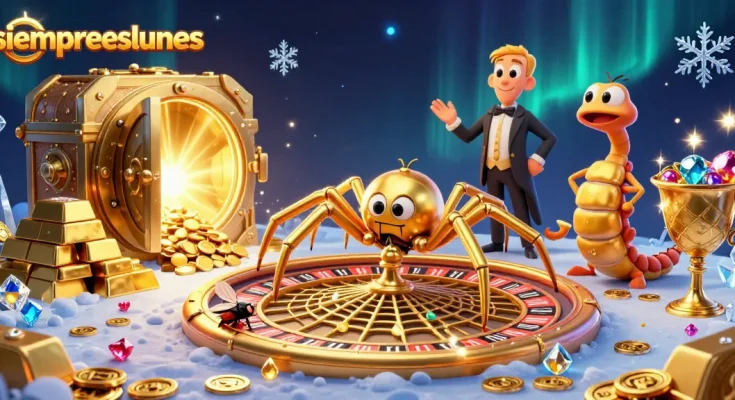 Experience thrilling bets with siempreeslunes as a golden spider spins a roulette web in a vibrant casino scene.