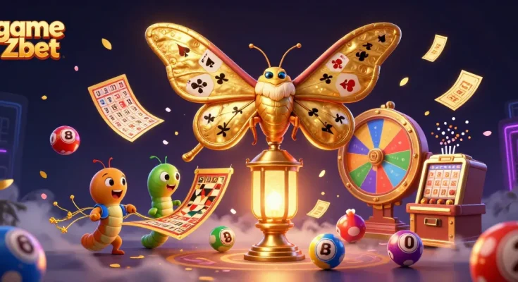 Experience the thrill of game Zbet with this vibrant 3D illustration of a magical moth amidst casino elements.