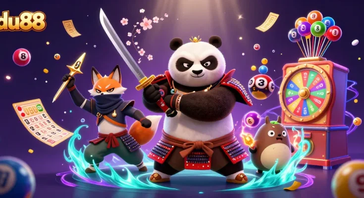 Experience the excitement of du88 with samurai panda, ninja fox, and spirit tanuki in a vibrant casino scene.