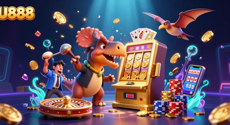 U888 casino scene with a dinosaur headbutting a slot machine, creating a jackpot!