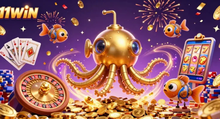 Experience the thrill of winning with 11WIN's vibrant casino illustration full of action and excitement.