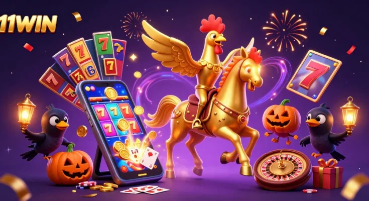 Experience thrilling slot action at 11WIN, featuring vibrant characters in a magical casino atmosphere.