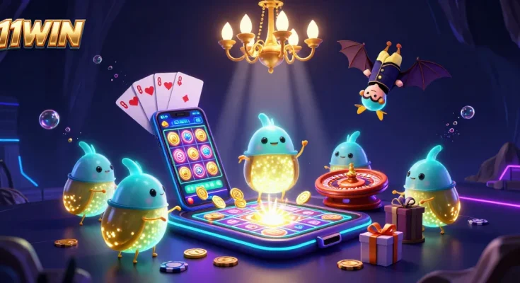 Experience the excitement of 11WIN with bioluminescent glowworms lighting a vibrant casino scene.