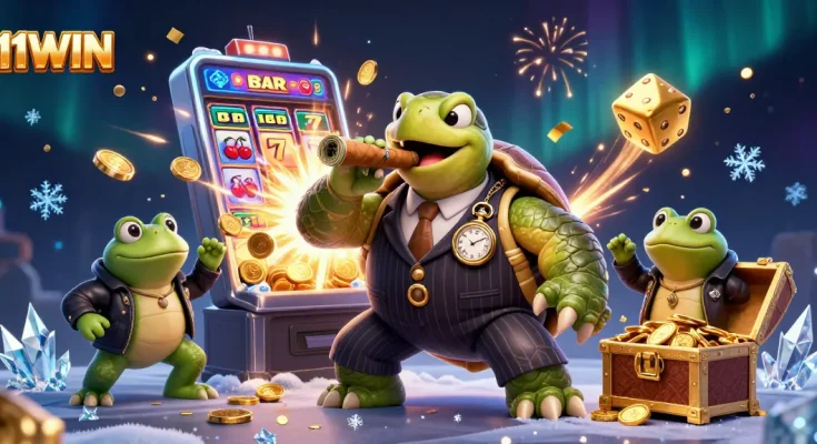 11WIN themed 3D illustration of a snapping turtle in mobster attire amid slot machines and gold coins.