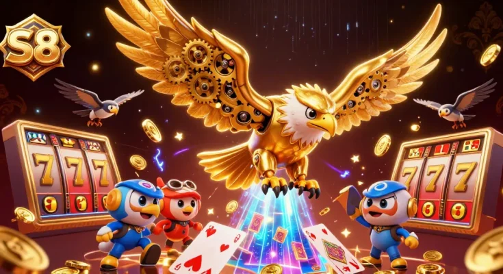 S8 offers thrilling gaming experiences with a cybernetic eagle soaring through a casino jackpot scene.
