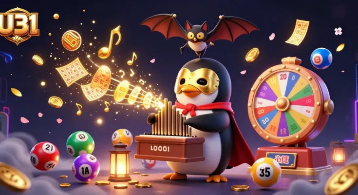 Win big with U31 as colorful lottery balls bounce amidst casino excitement.