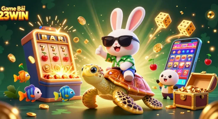 Play engaging games at Game Bài 23WIN with our colorful casino illustration showcasing lucky symbols and tropical elements.