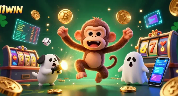 Join the thrill at 11WIN with our dynamic cartoon illustration capturing a playful casino adventure.