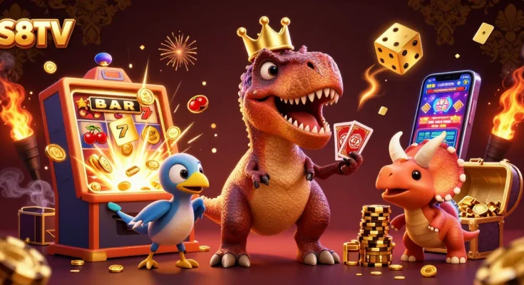S8TV showcases a lively scene with a T-Rex shuffling cards, pterodactyl assistant, and triceratops stacking chips in a vibrant casino setup.