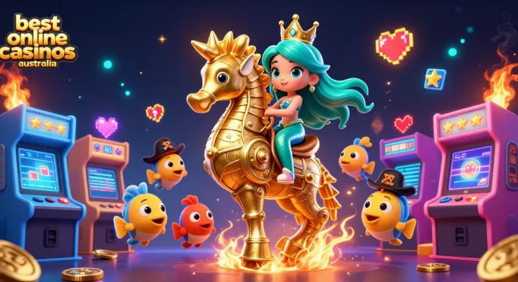 Experience the magic of the best online casinos Australia, featuring a mermaid princess and vibrant game elements in a 3D scene.