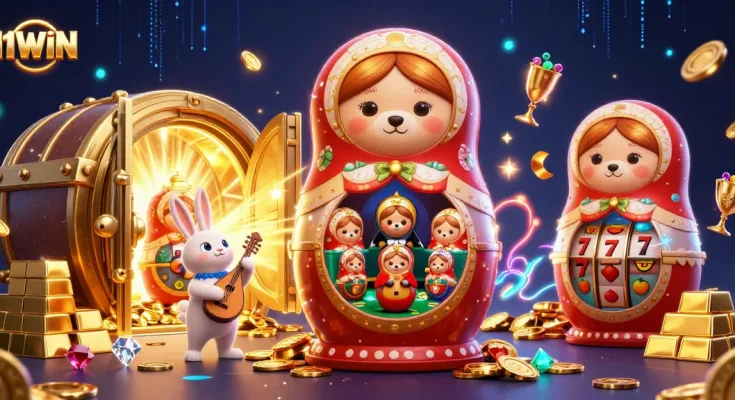 Experience the excitement of 11WIN with vibrant 3D casino characters amidst gold and gems.
