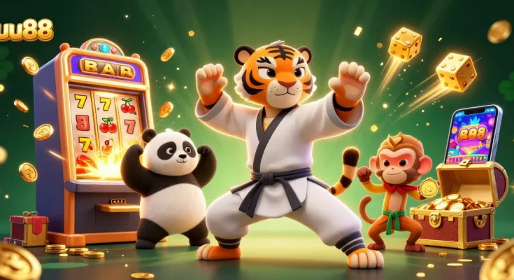 Spin the reels with uu88 at a vibrant casino scene featuring a kung fu tiger and panda, amidst a jackpot explosion.
