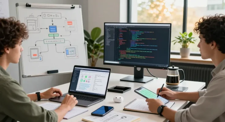 Build internal tools with AI in a collaborative workspace with professionals discussing tech prototypes and brainstorming ideas.