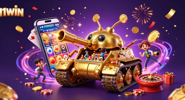 Experience the thrilling fun at 11WIN with our vibrant casino-themed illustration featuring exciting games!