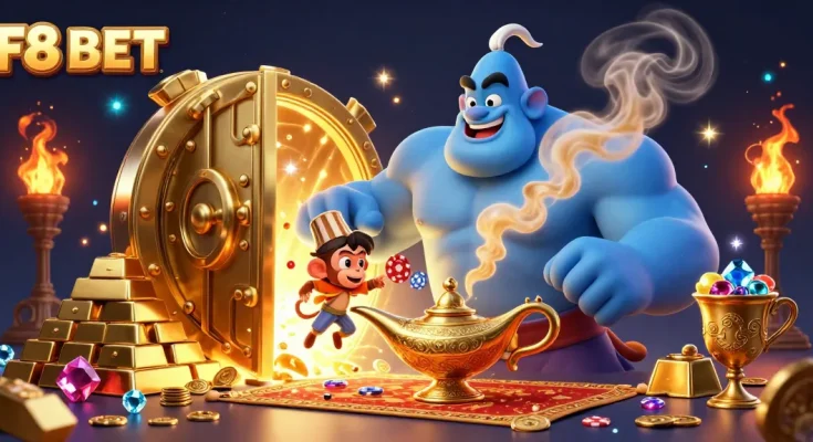 Experience thrilling gaming with F8 BET in a vibrant 3D casino scene showcasing epic characters and treasures.