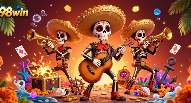 Immerse in the vibrant 98win casino universe with a festive mariachi band amid underwater treasures.