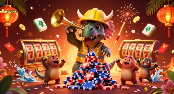 Engage with stellarspins in a vibrant casino scene featuring dynamic slot elements and jubilant characters.