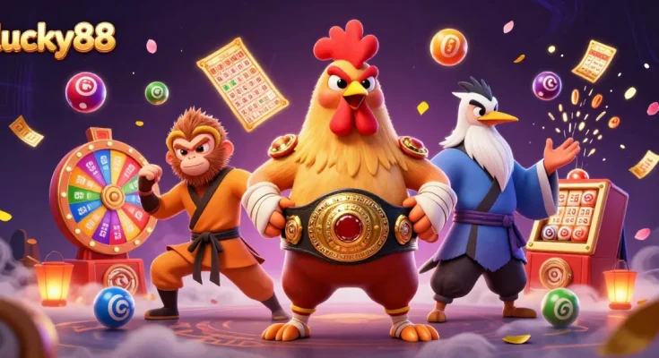 Engage in thrilling games with lucky88 as vibrant lottery elements and martial artists come to life.