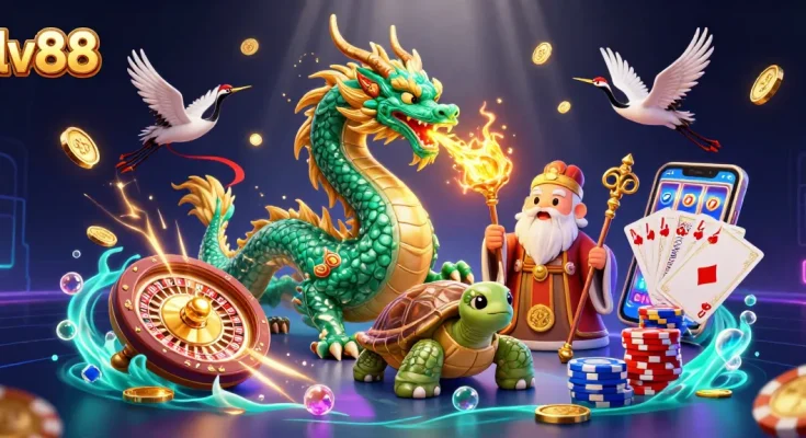 Immerse in the charm of lv88 with a vibrant 3D illustration showcasing a dragon, turtle sage, and lucky cranes amidst casino elements.