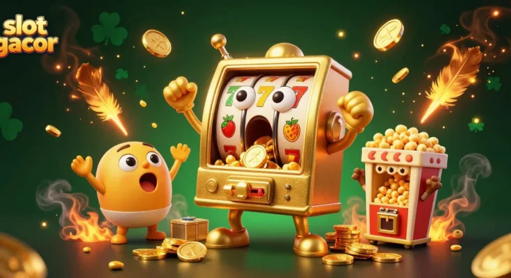 Experience the excitement of slot gacor with a golden slot machine hitting a jackpot, coins flying!