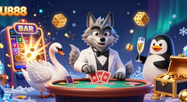 Experience thrilling casino action with U888's vibrant games showcased in this lively 3D illustration.