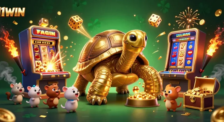 Enjoy the excitement of 11WIN with a golden tortoise pinball machine amidst casino chaos.