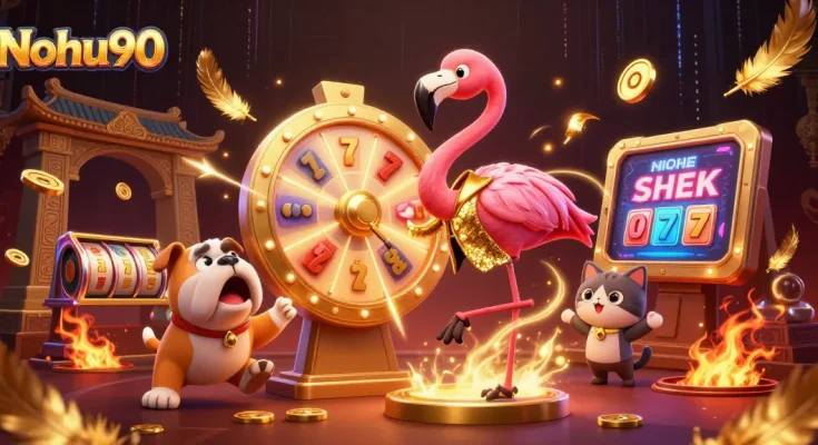 Nohu90 players spinning the jackpot wheel while discovering winning prizes in an exciting casino scene