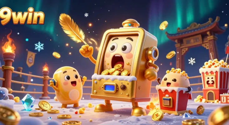 9win slot machine hitting a jackpot with golden coins pouring out, accompanied by cheering baby slots and a popcorn machine.