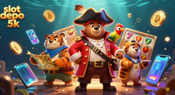 Experience the thrill of slot depo 5k with a vibrant 3D illustration featuring a pirate bear, tiger, and treasure