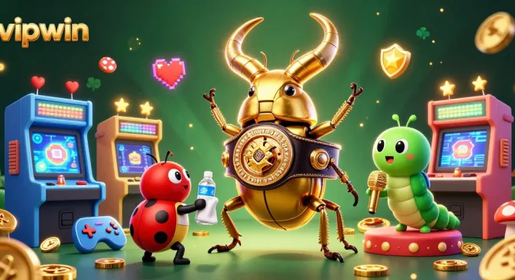 Engage in thrilling gaming at vipwin with a giant golden stag beetle champion and vibrant casino elements.