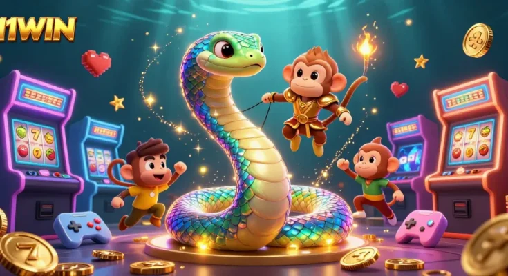 Experience the vibrant energy of 11WIN with a playful monkey king and rainbow serpent amidst casino elements.