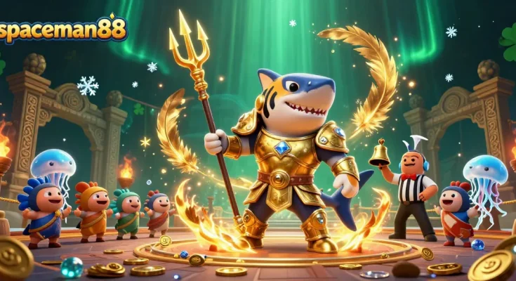 Experience thrilling action with spaceman88 in a dynamic underwater casino scene filled with gambling elements.